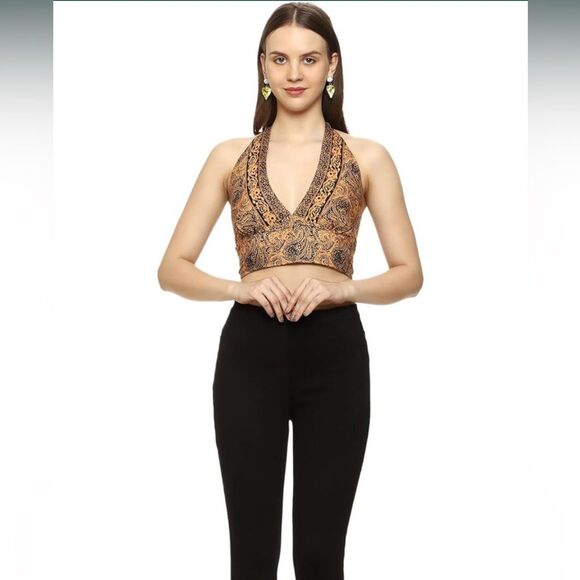 Crop Top Womens OS Gold Summer Beach Sleeveless Tank Top Shirts Halter V Neck A1 - Picture 8 of 8